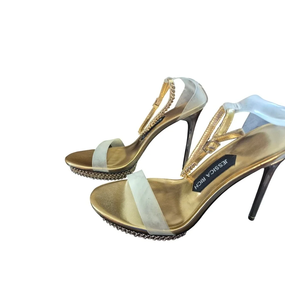 Jessica Rich Gold Chain Platform Heels Sandals Clear Strap Stiletto Size 40